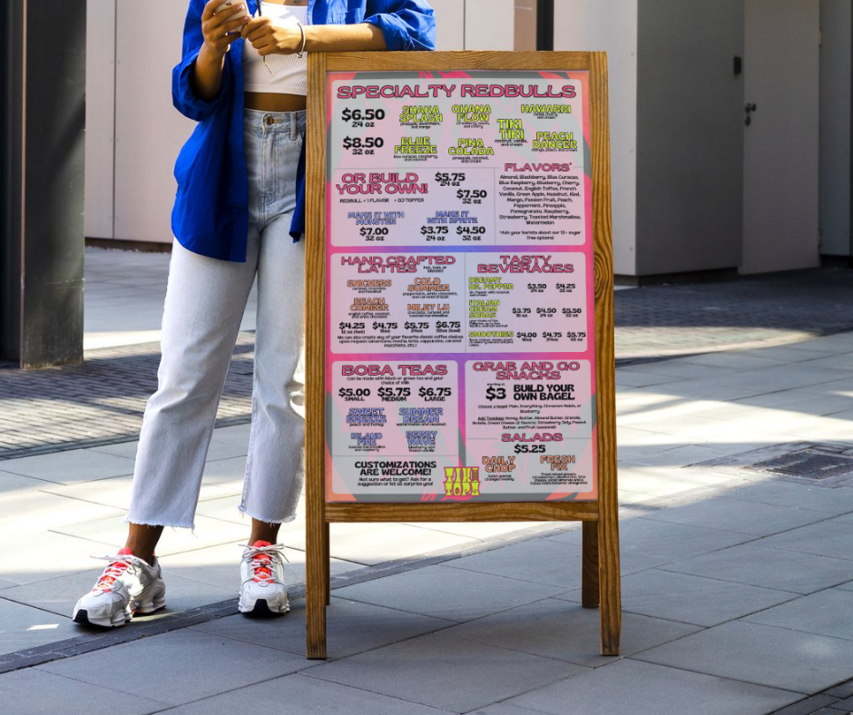 Tiki Tops coffee menu sandwich board mockup
